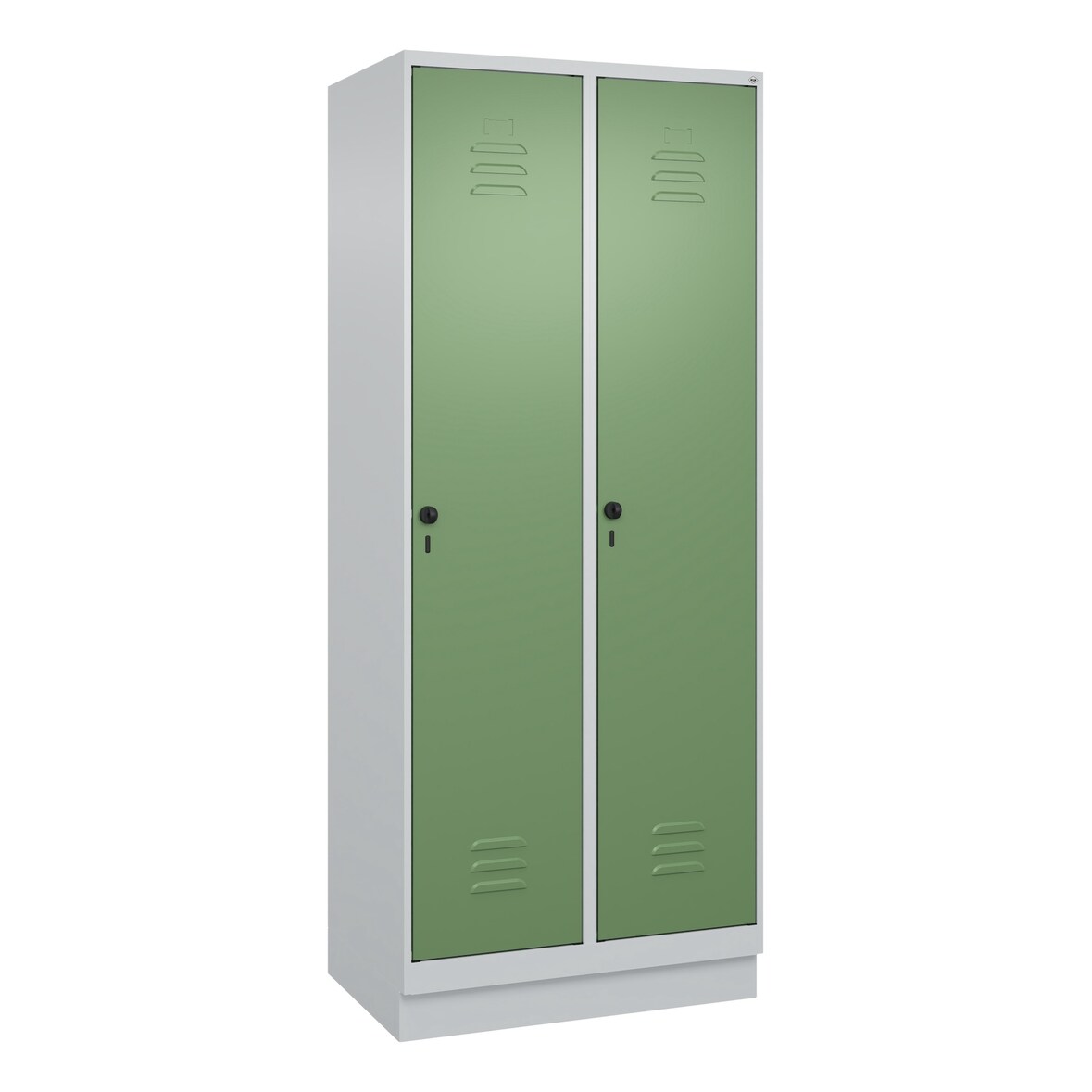 C+P Aufbewahrungsspind Classic PLUS, Sockel, 2 Abteile je 4 Fachböden, HxBxT 195x80x50cm, Sicherheitsdrehriegel, Hellgrau/Resedagrün von PROREGAL
