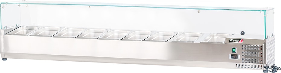 Romux® Kühlvitrinen für Tapas 200x39x44 cm aus Edelstahl und Glashaube mit 10 Becken GN 1/3 | Gekühlte Vitrine mit digitalem Dixell-Thermostat