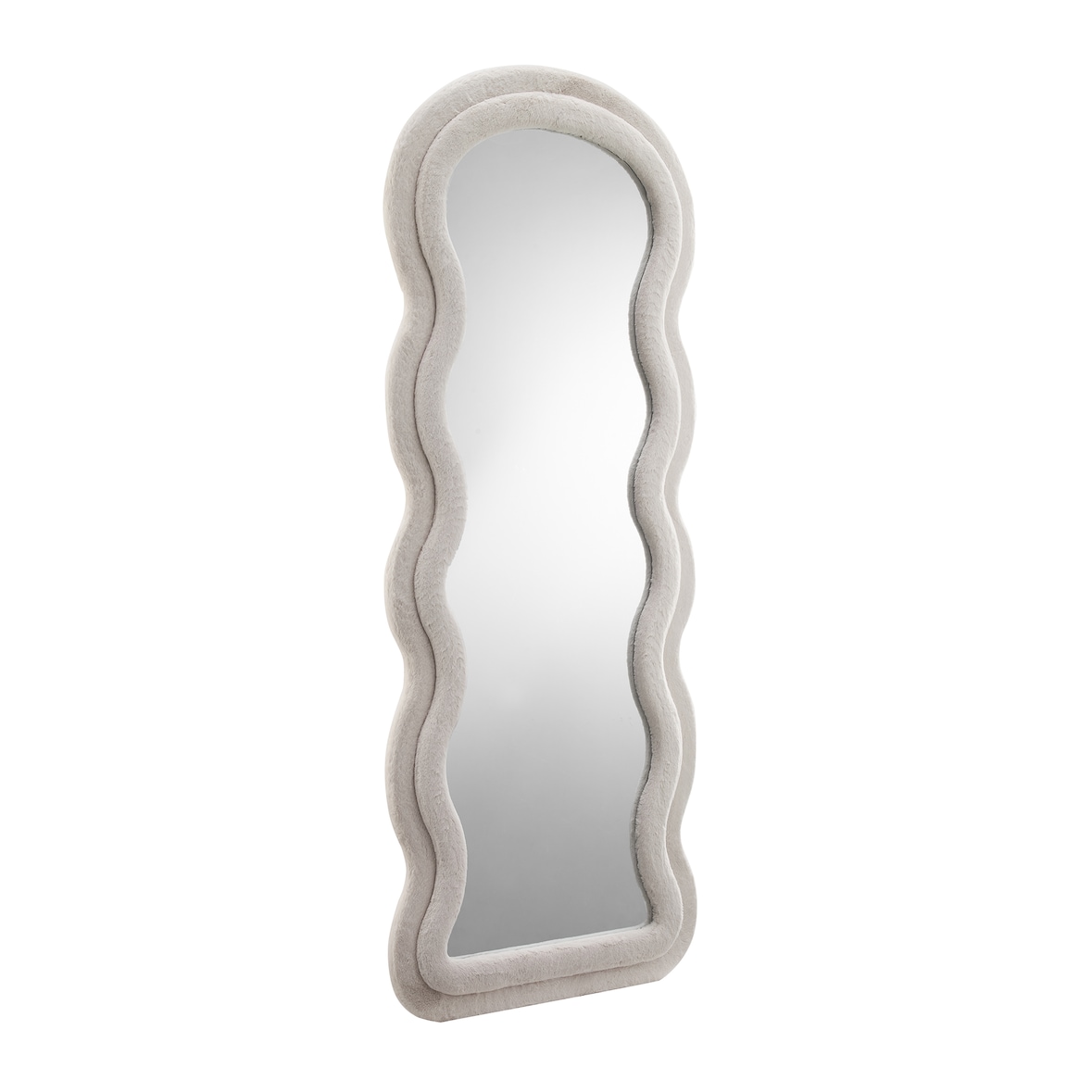 SalesFever Spiegel mit Kunstfell | wellenförmiger Rahmen | MDF & Spiegelglas | B 70 x T 3 x H 170 cm | Beige – Klarglas