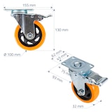 thumbnail of HMF 6710 Schwerlastrollen mit Bremse aus Polyurethan, 4 Stück, 100 mm, bis 460 kg, Orange