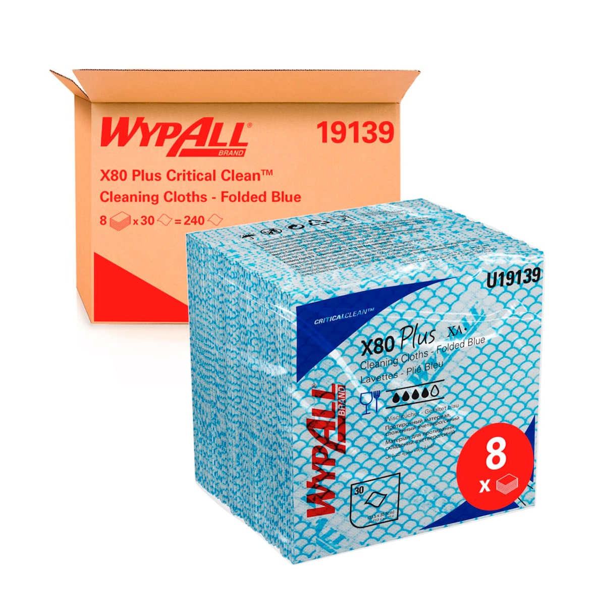 WYPALL® | Paños limpieza WypAll® X80 Plus Critical Clean™. 8 paquetes x 30 paños azules. 19139