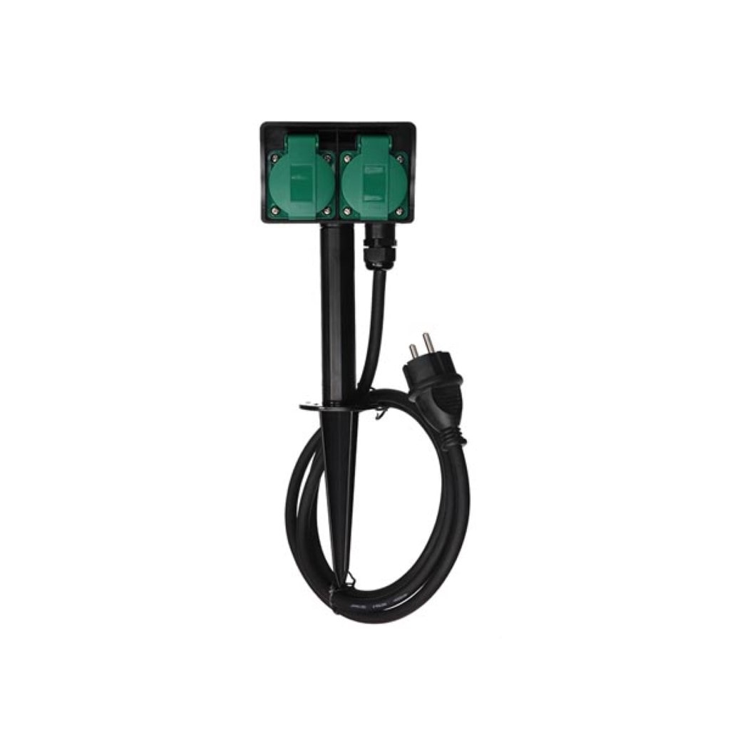 Perel Prise extérieure avec piquet de terre, 2 prises type E avec couvercles, IP44, câble H07RN-F 1,5 m, jardin/outils