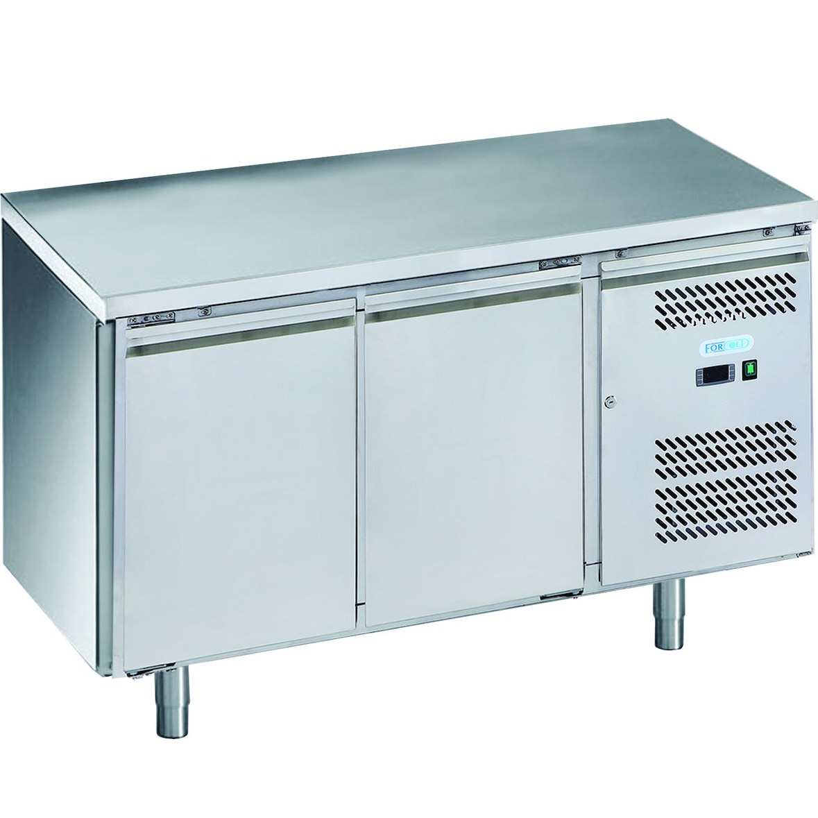 Tavolo refrigerato 2 porte. Sbrinamento automatico. Temperatura 0°/+8°C. Misure 136x70x85(h) cm. ForCold modello M-GN2100TN-FC
