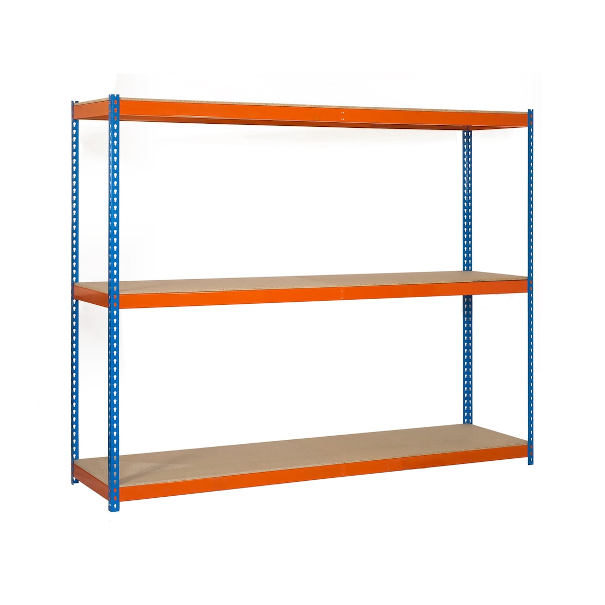 SimonRack Industrieregal, 1500x1500x450 mm, 600 kg am Biegepunkt, 3 Holzböden, Garagenregal, Blau/Orange/Holz- Simonforte