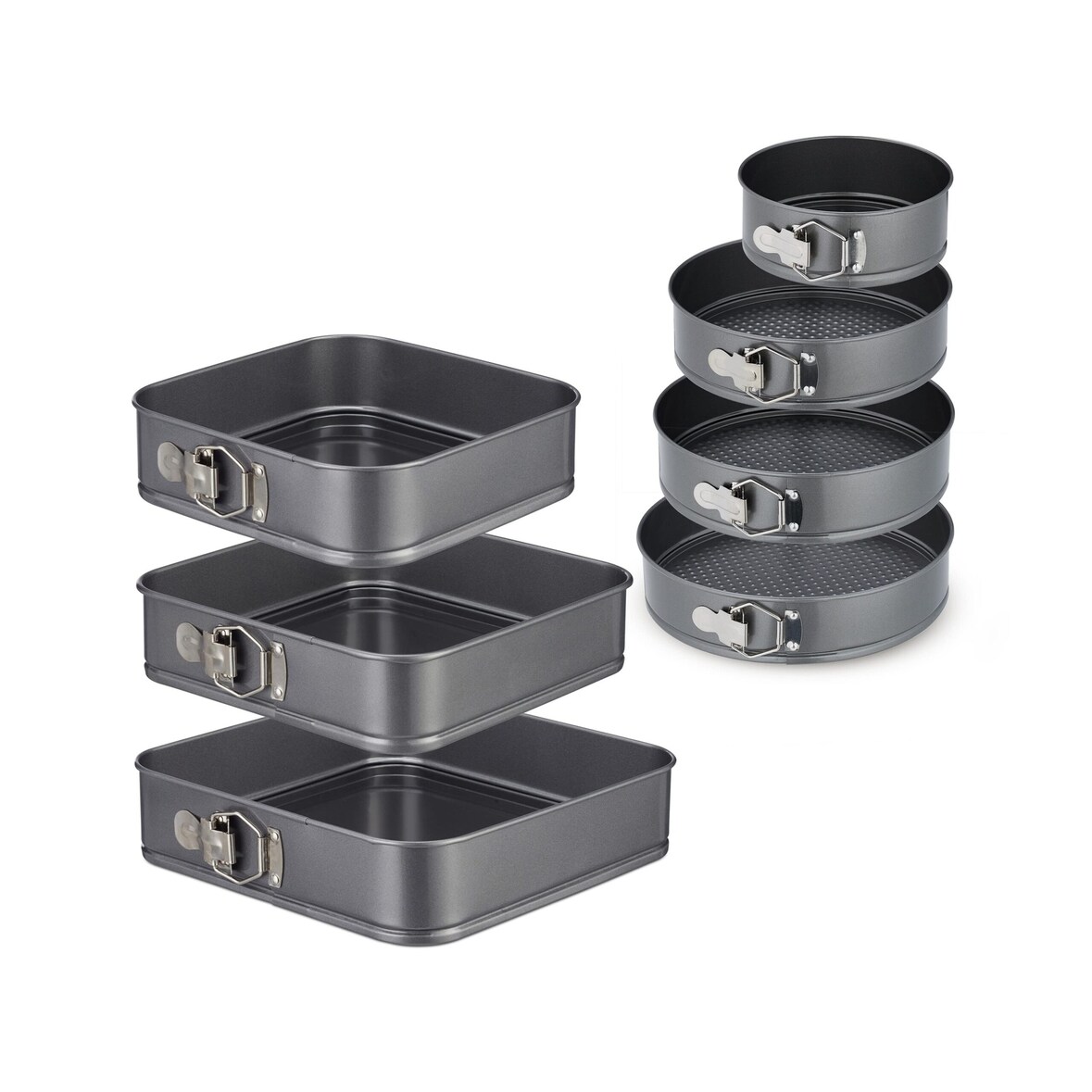 Relaxdays Springform Set, 7-teilig, rund & quadratisch, 18-28 cm, Stahl, Antihaftbeschichtung, Backformen, anthrazit