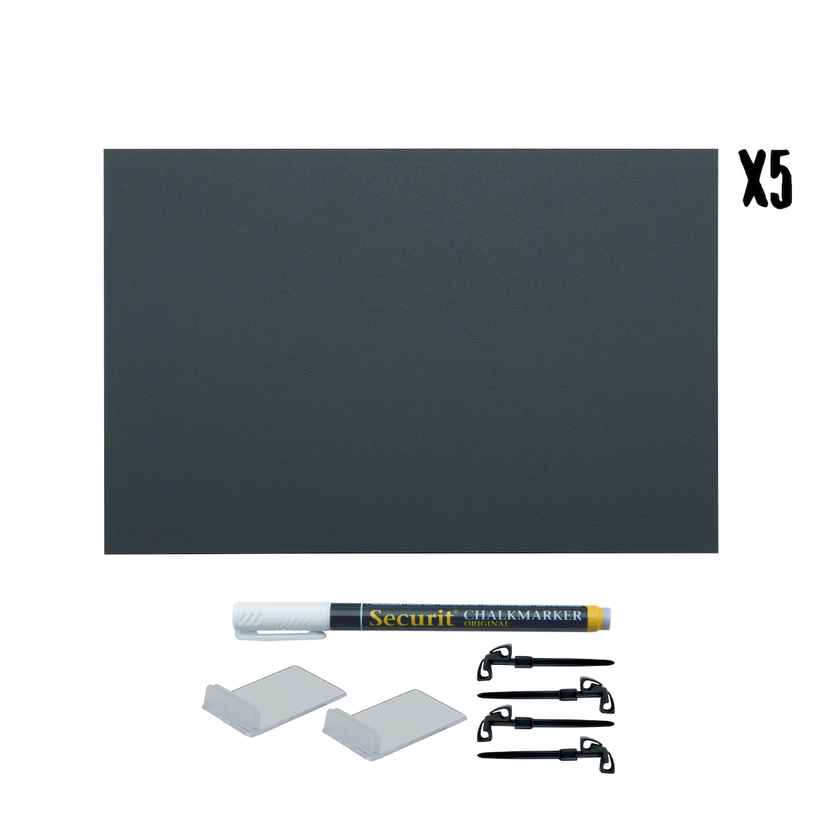 Securit® Set di 5 Lavagnette da Tavolo "Tags" A4 - Nero - Pennarello gesso bianco e accessori inclusi