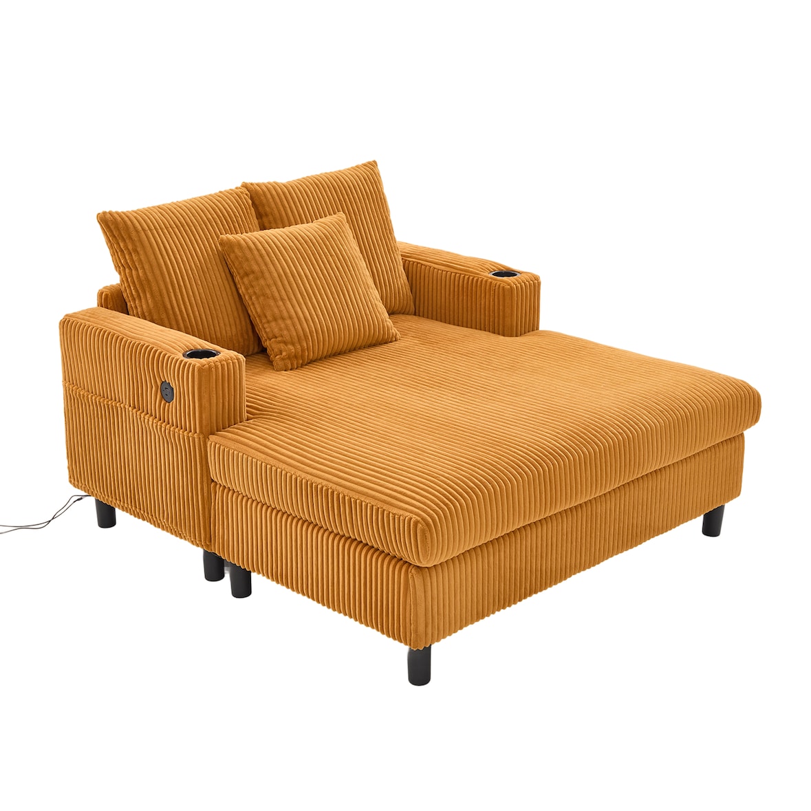 Übergroßer Relaxsessel mit Corduroy-Bezug, LED-Mehrfarbenlicht, USB-Anschluss, Getränkehalter, ergonomisch und komfortabel 128x142cm, Senfgelb
