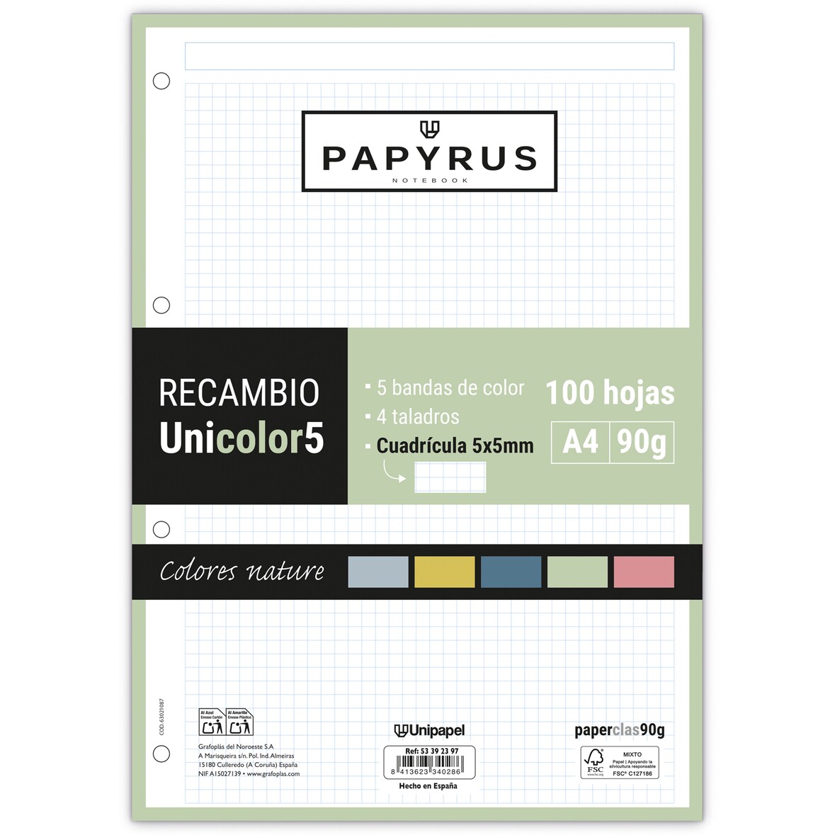Recambio A4 100H 90G Cuadrícula 5x5 UNI5 (5 bandas de color) PAPYRUS Natural