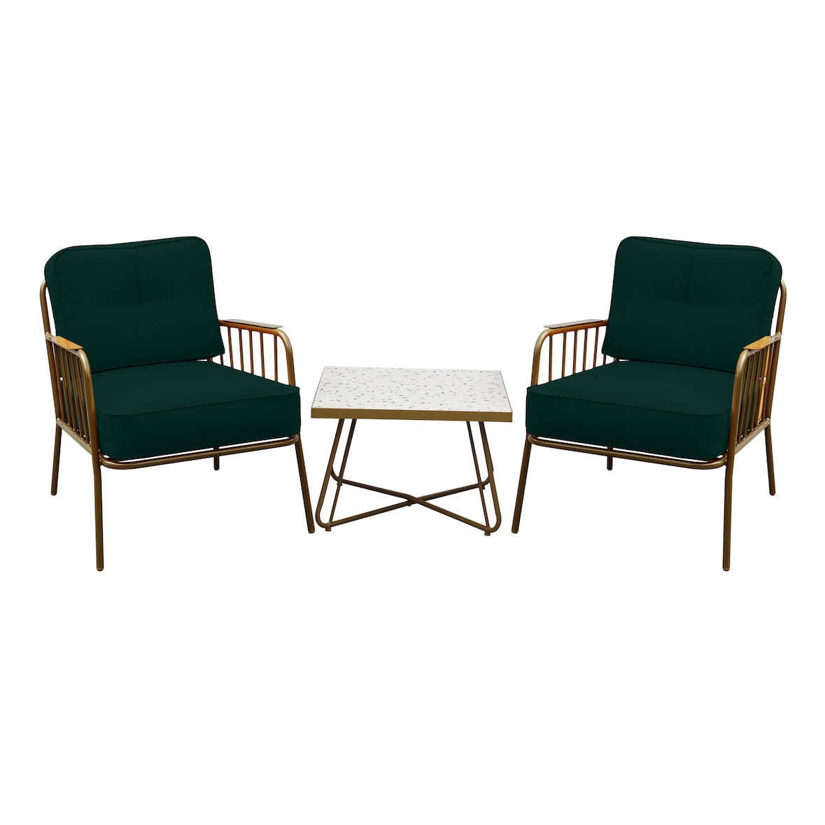 METRO PROFESSIONAL Outdoor Sofa Lounge-Set, 3-tlg., Stahl/Polyester, 2 Sessel, 1 Tisch, olive/gold