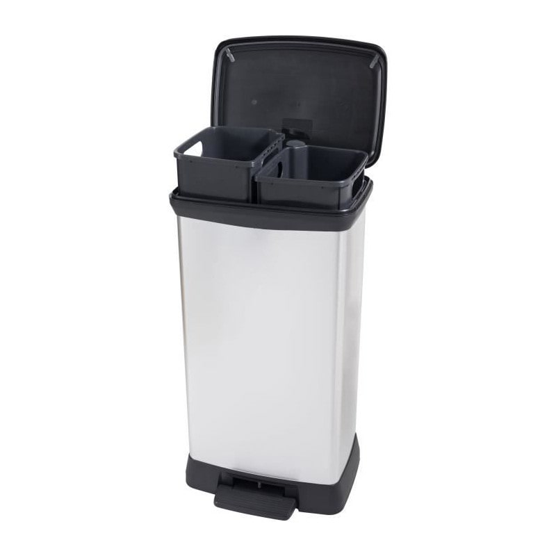 Abfalleimer Duo Rechteckig - Deco Bin - Curver - 46l (23+23l) - Doppeltes Fach - 39 X 29 X 72 Cm - Grau Metallic