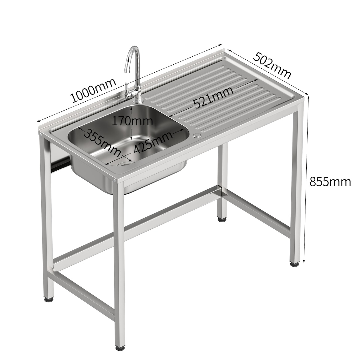 Barkastspoelbak met uitsparing voor glazenspoeler, kraan inbegrepen, spoelbak aan de linkerkant | 850 x 1000 x 500 mm roestvrij staal | Gasfrit