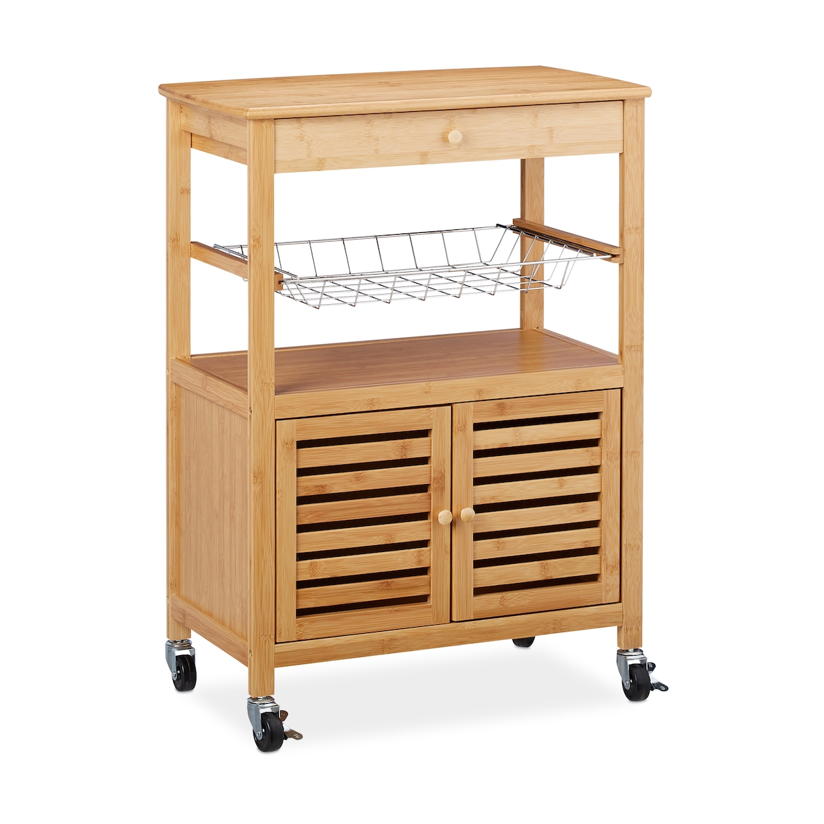 Relaxdays Küchenwagen Bambus, Arbeitsplatte, Schrankfach & Korb, Servierwagen mit Rollen, HBT: 82 x 59,5 x 35 cm, natur
