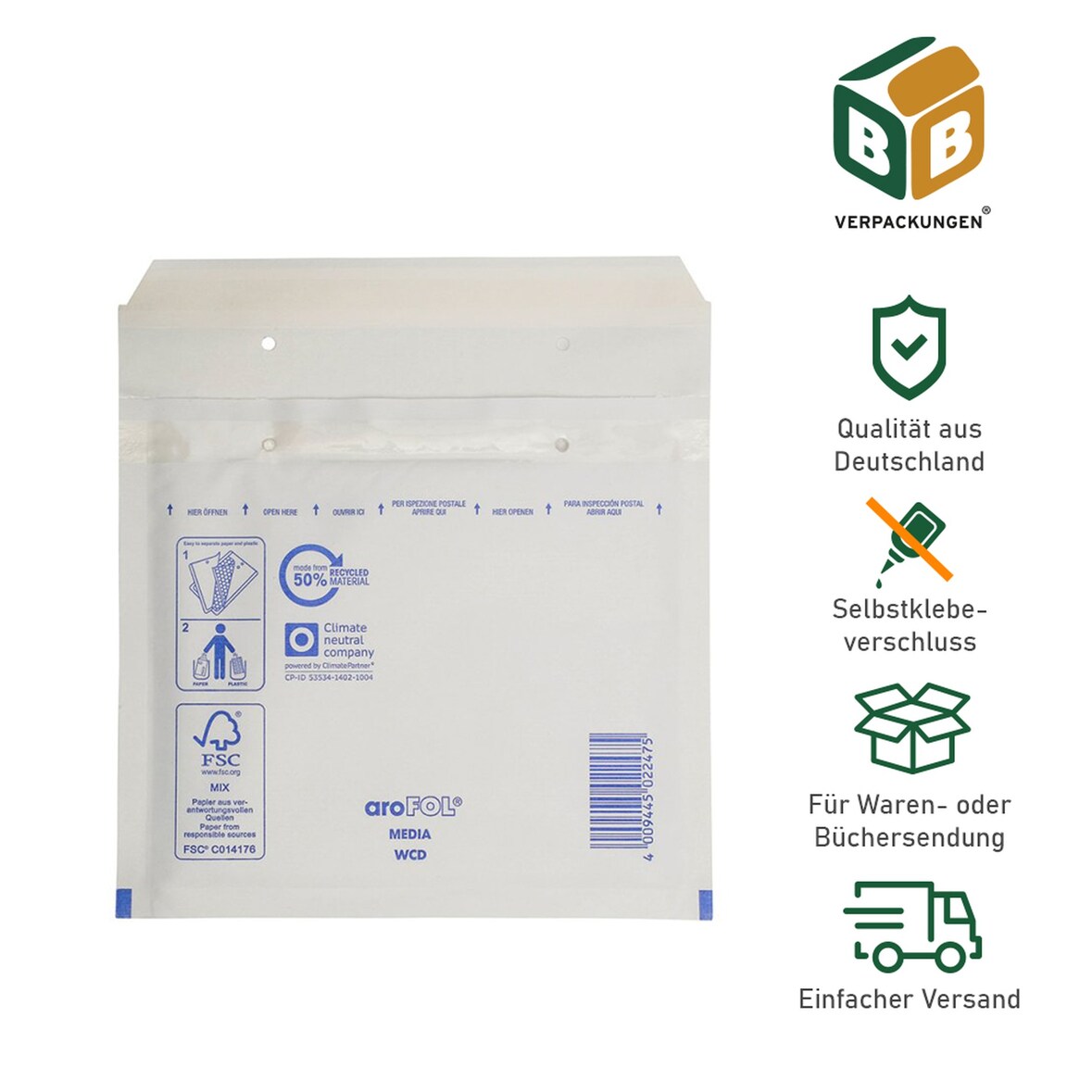 400 x Luftpolsterversandtasche (weiss) CD (180 x 165 mm) gepolsterte CD und DVD Versandtasche Polsterversandtaschen Briefumschlag BB-Verpackungen