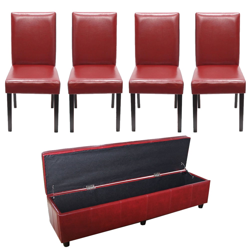 Set Gruppo di sedute Panca con contenitore Kriens XXL+4 sedie Littau, finta pelle/pelle certificata FSC® ~ rosso