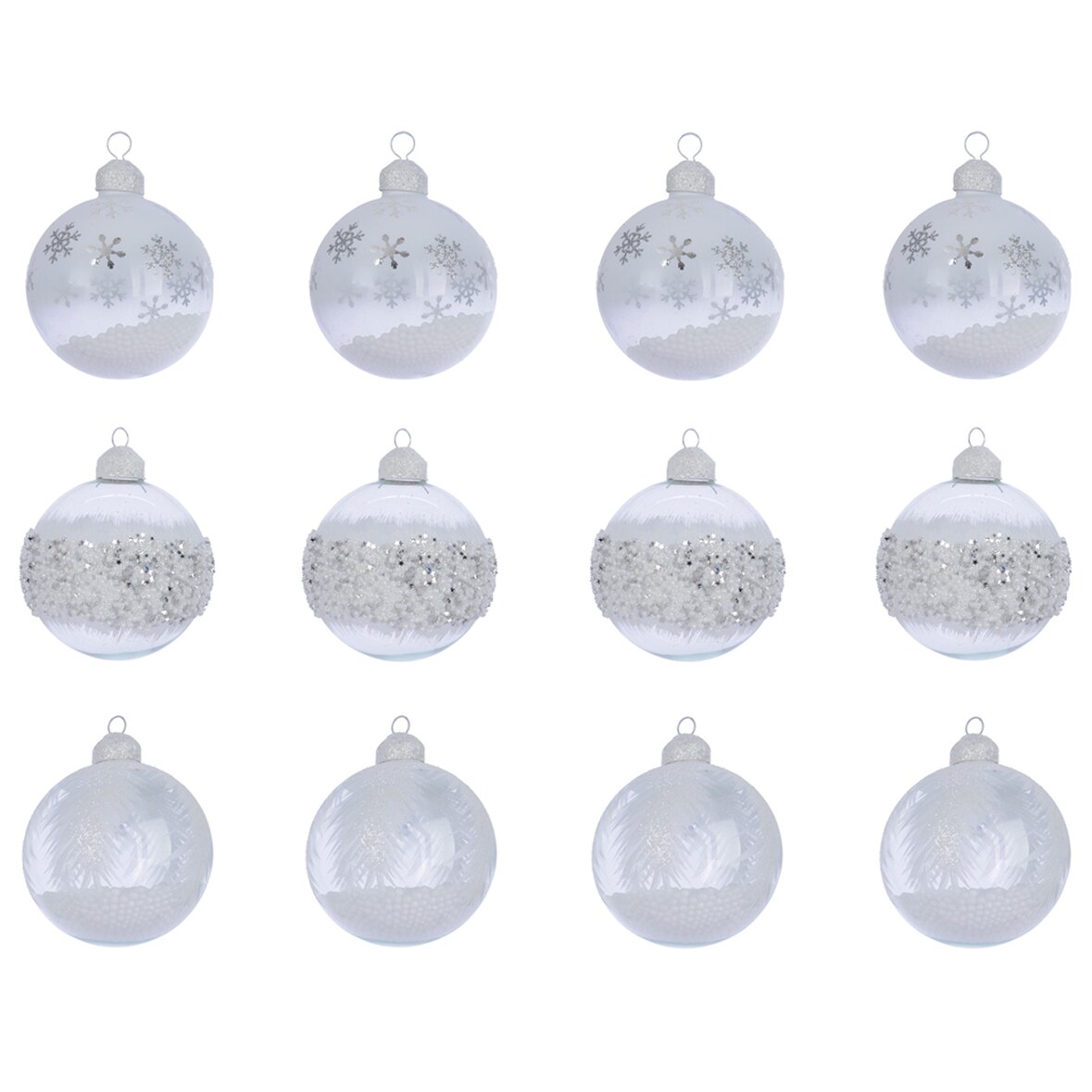 12 Weihnachtskugeln 8cm Glas mit Motiv Christbaumkugeln klar weiß transparent