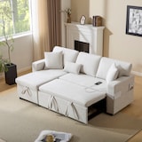 thumbnail of 3-Sitzer Schlafsofa Samtstoff 214x131x87 cm mit Ottomane, Bettfunktion, Stauraum, USB-Anschluss, Rollen, MDF-Rahmen, Beige, modern, komfortabel