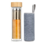 thumbnail of Teeflasche mit Deckel und Sieb 500 ml doppelwandiges Glas Bambus  Hülle Klarglas