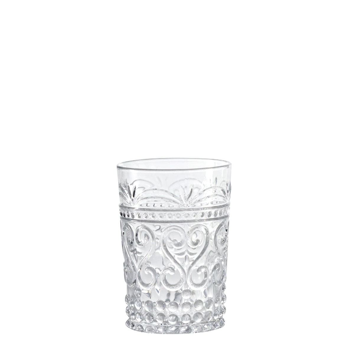 Zafferano Set aus 6 provenzalischen Trinkgläsern aus transparentem Glas, handgefertigtes Design mit Reliefdekor, ideal für stilvolle Tafelrunden