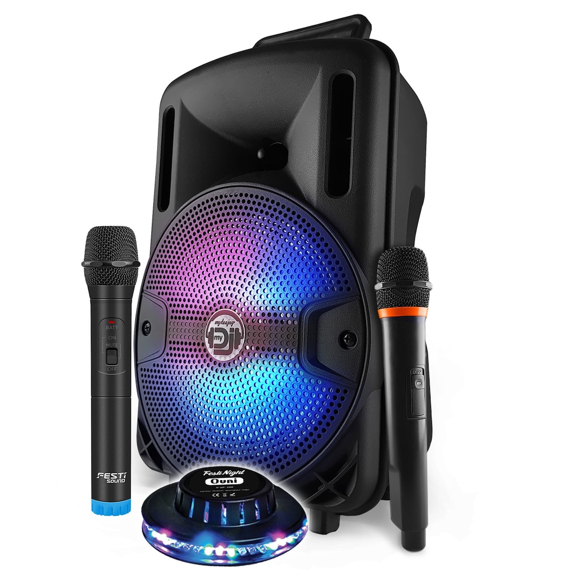 Encente DJ sur batterie DJOON08 - 400W à LEDs RVB USB/SD/Bluetooth, 2 Micros VHF pour Karaoké, Soucoupe OVNI