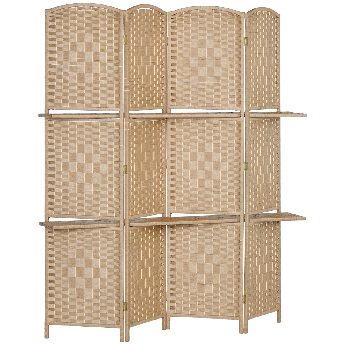 Biombo Separador de Ambientes de 4 Paneles 160x170 cm con 2 Estantes de Exhibición Pantalla de Privacidad Plegable Divisor para Dormitorio Natural
