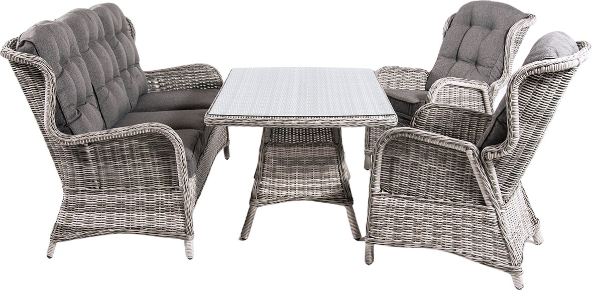 Conjunto sofás de jardín, Mesa centro 140 cm, 2 butacas y 1 sofá 3 plazas, Color gris, Aluminio y rattán sintético redondo, 5 plazas