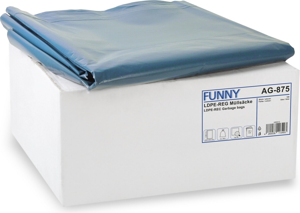 Funny Müllsäcke, blau, 240 Liter, 100 Stück, LDPE-Reg. Typ 80, lose abgepackt