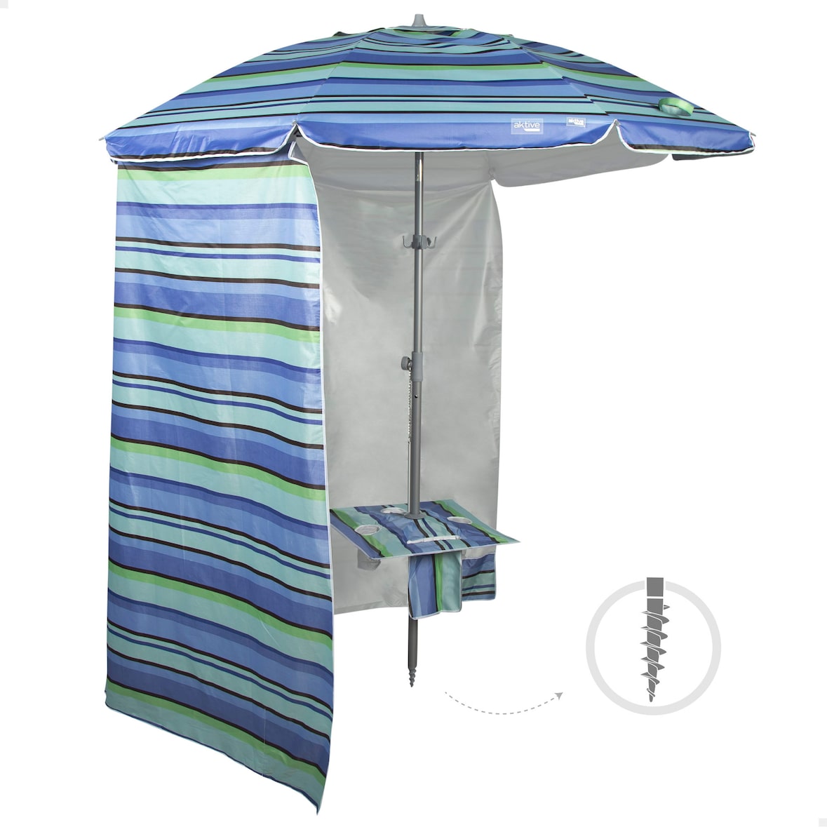 Aktive Sombrilla playa antiviento 210 cm rayas azules con pared y mesa