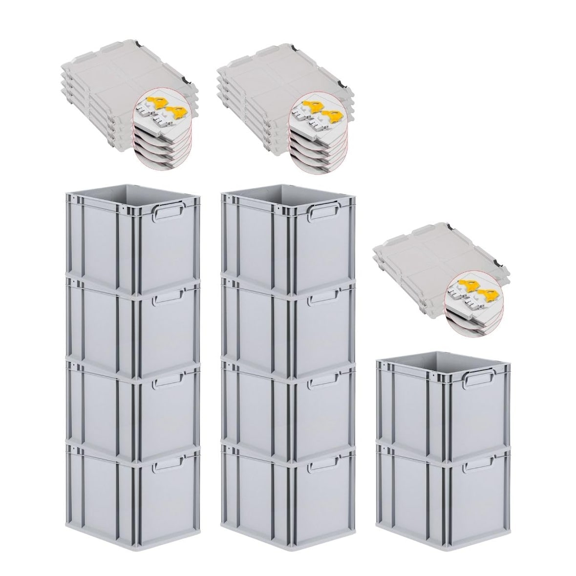 PROREGAL SuperSparSet 10x Eurobox NextGen Economy mit Scharnierdeckel & gelben Verschlüssen, Griffe zu, HxBxT 32x30x40cm, 30L, Eurobehälter, Box