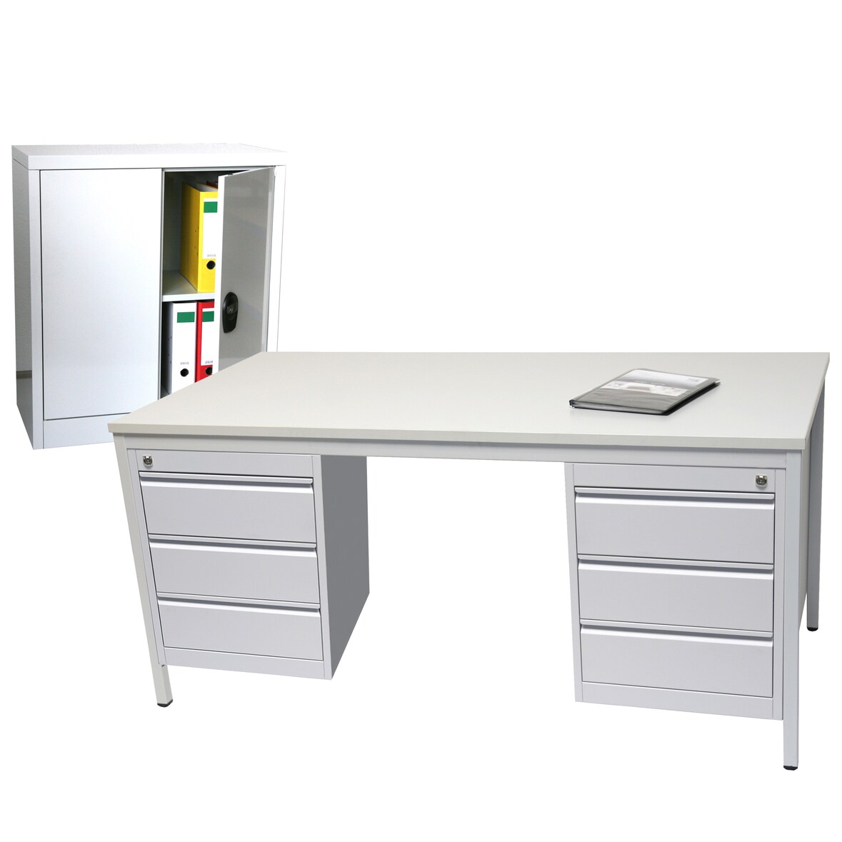 Schreibtisch Profi Office-Line SET 160x80cm, inkl. 2 x Unterbauschrank Professional 3 Schubladen inkl. Stahlschrank 90x80cm, lichtgrau