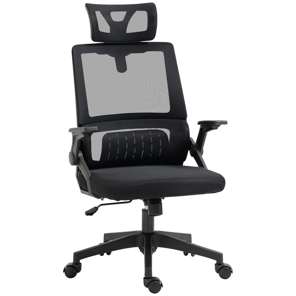 Bürostuhl ergonomisch 61x58x119 cm mit Kopfstütze Armlehnen Wippfunktion und Lendenstütze Netzbezug Schwarz höhenverstellbar
