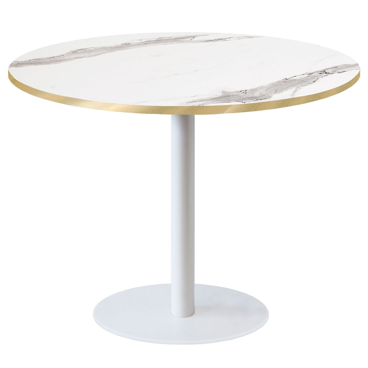 Restootab - Table Ø120cm - pied blanc, plateau marbre blanc chants laiton