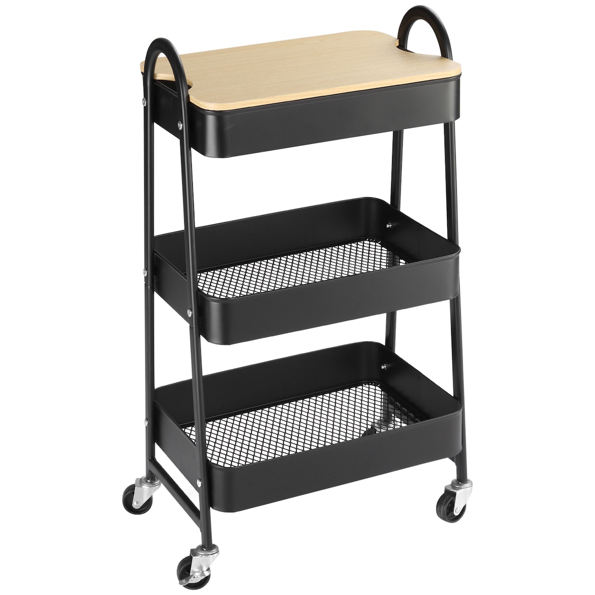 Carrinho Auxiliar com Rodas de 3 Níveis Carrinho de Cozinha com 3 Cestas de Aço e 1 Bancada de Madeira 45x31x79,4 cm Preto
