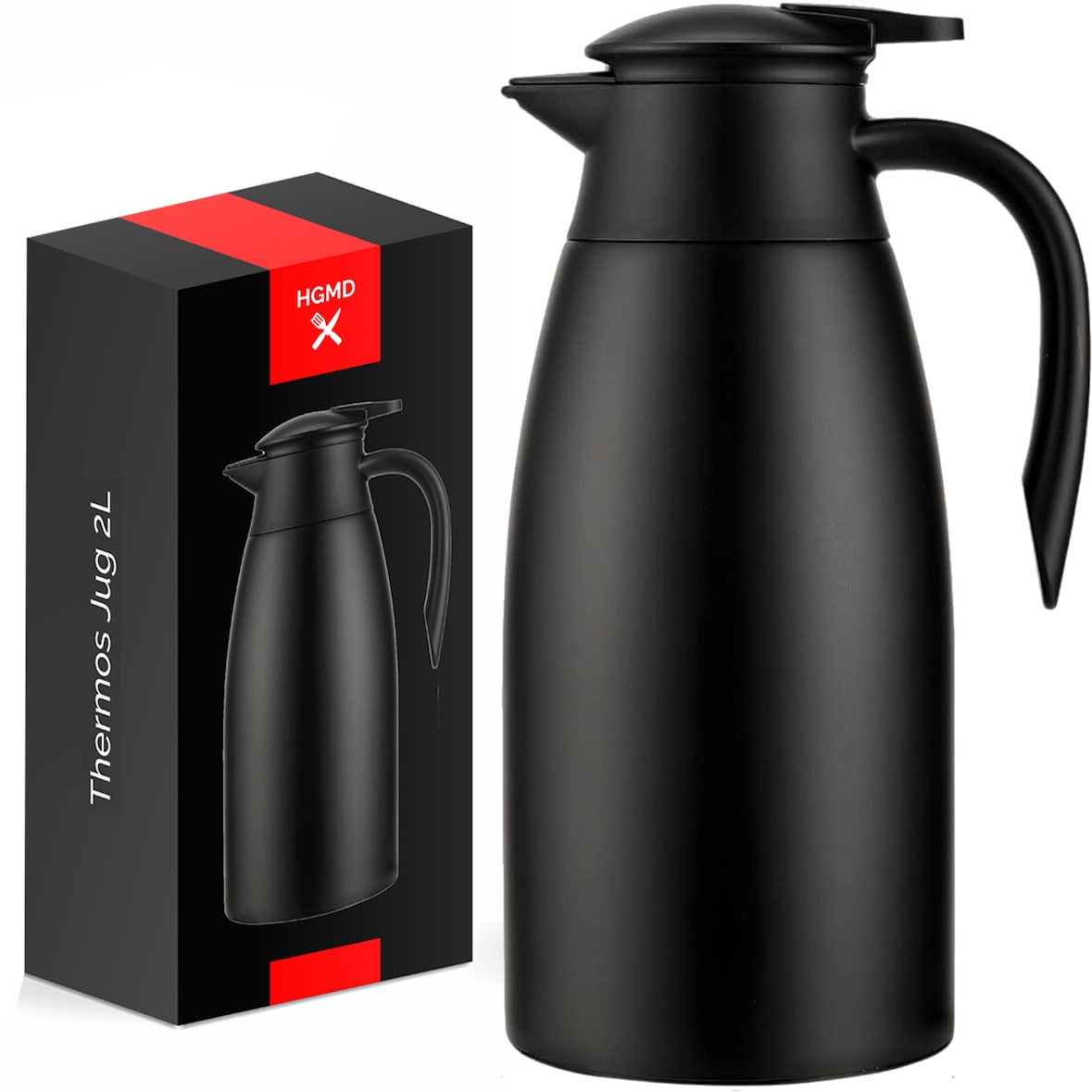 HGMD Thermoskanne - 2 Liter - Isolierkanne - Schwarz - Kaffee - Tee - Für heiße und kalte Getränke