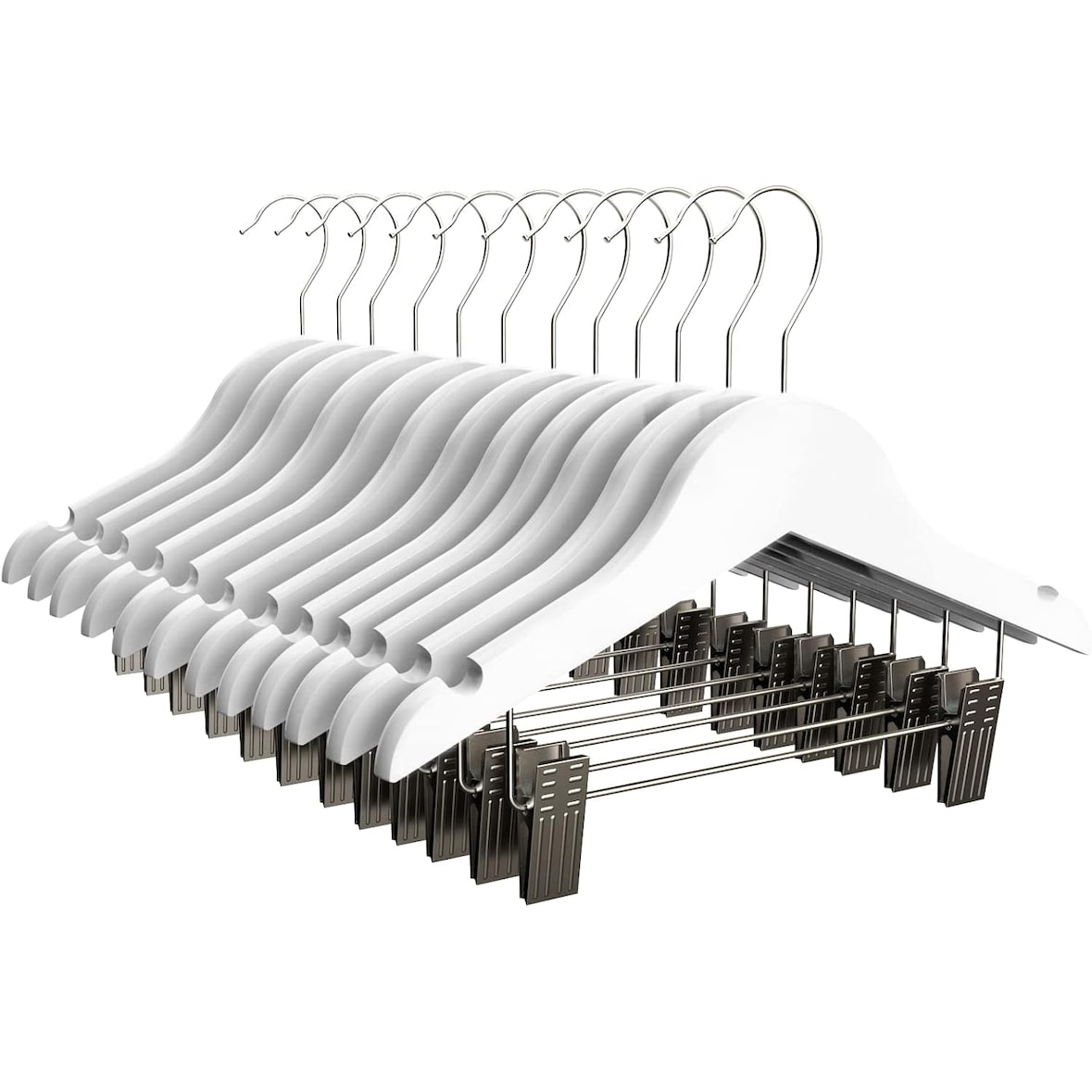 Percha Madera Cadete con Pinzas| Percha Infantil | Color Blanco| Percha Madera de Arce | con Muescas Antideslizantes | 30 x 1.2 x 22 cm | Pack 12