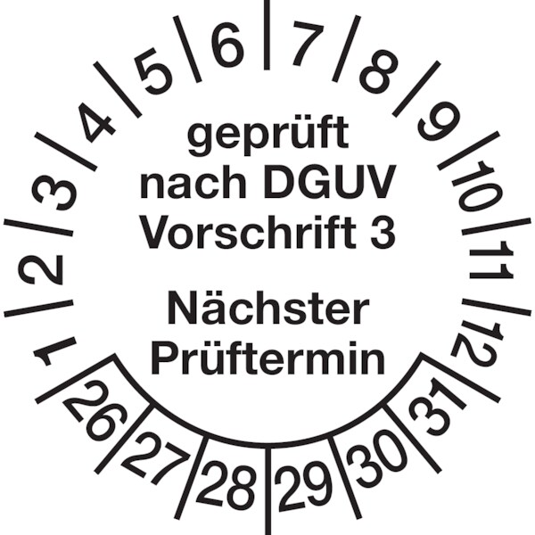 Prüfplakette ab 26, DGUV Vorschrift 3 Nächster Prüftermin, Jahresfarben, Folie - Bogen = 10 Plaketten - 30 mm Folie selbstklebend
