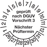 thumbnail of Prüfplakette ab 26, DGUV Vorschrift 3 Nächster Prüftermin, Jahresfarben, Folie - Bogen = 10 Plaketten - 30 mm Folie selbstklebend