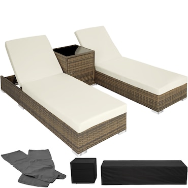 TECTAKE Conjunto de 2 espreguiçadeiras e mesa em rattan sintético e alumínio, ajustável, capas intercambiáveis, bege
