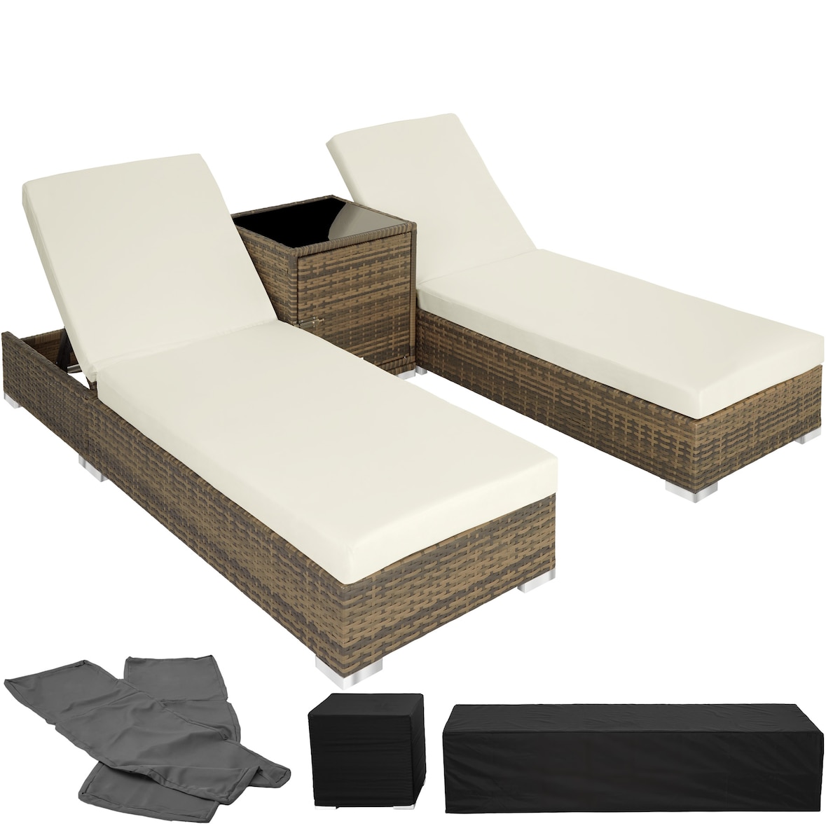 tectake Lot de 2 bains de soleil en rotin et aluminium avec table et housse de protection - marron naturel - 403771