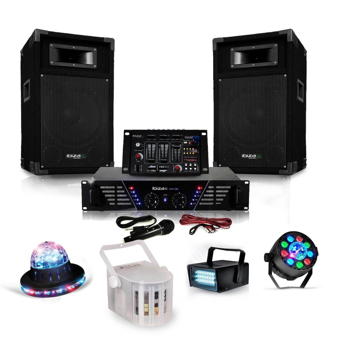 Pack Sonorisation 500W  Ampli + Enceintes + Table de mixage USB + 4 jeux de lumières LED