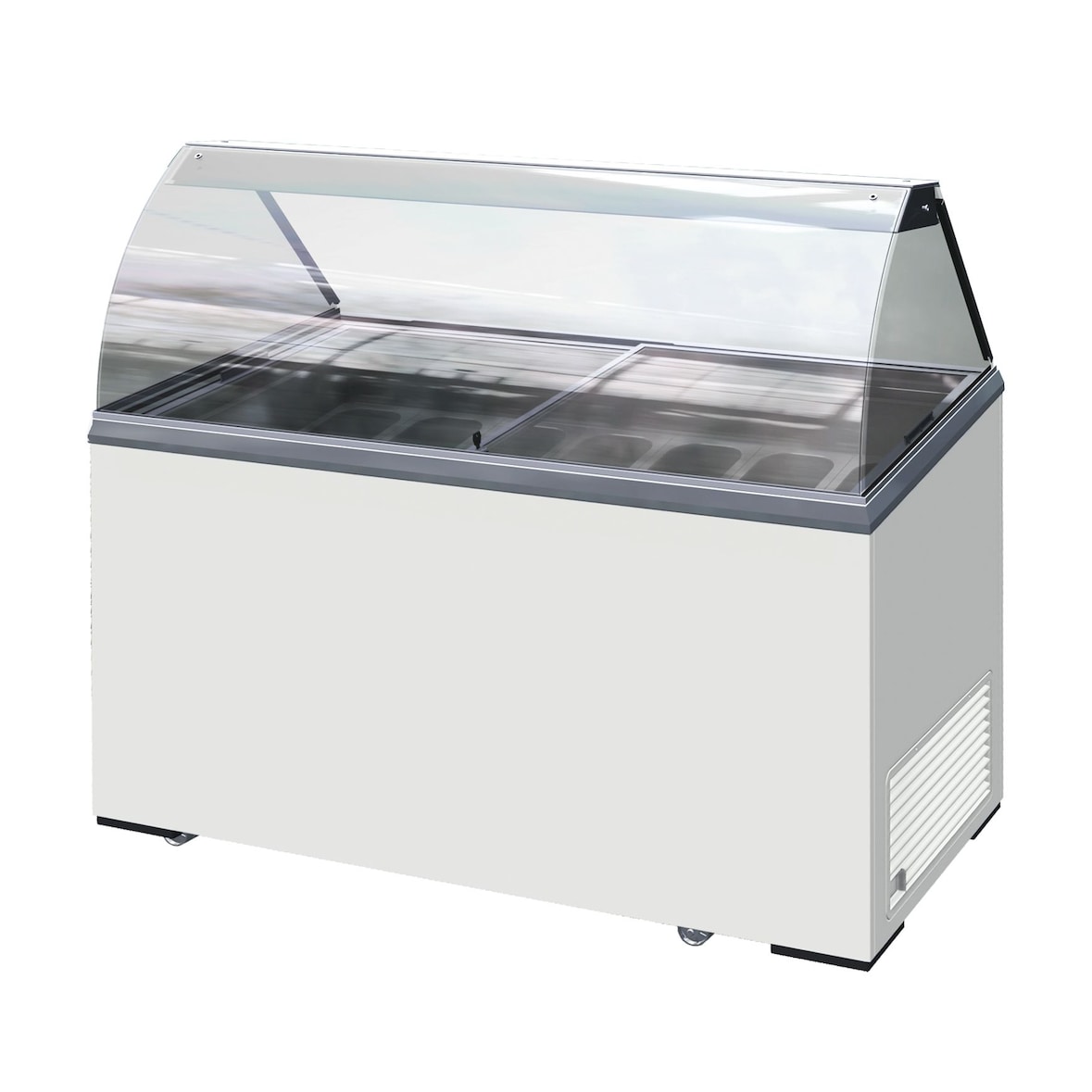 Vetrina gelato statica 7 vaschette con riserva. Porte vetro scorrevoli. Illuminazione led. Interno alluminio. Temperatura -13°C/-23°C. Modello ICE7