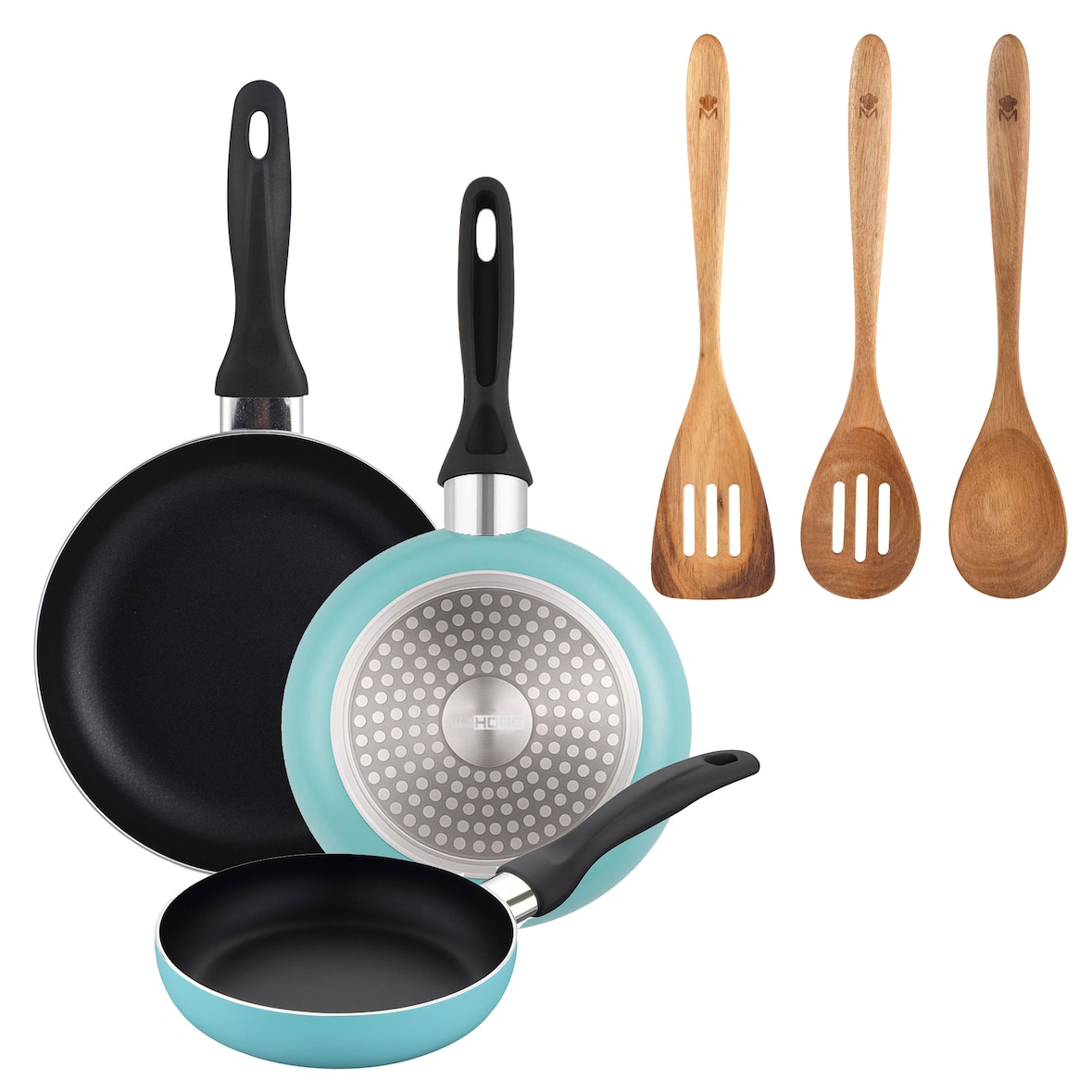 BERGNER - Set de 3 Sartenes Ø16/20/24cm de Aluminio prensado en Azul mate con Set 3pcs Utensilios de Cocina 32,8x33x7x1,4cm Xmart