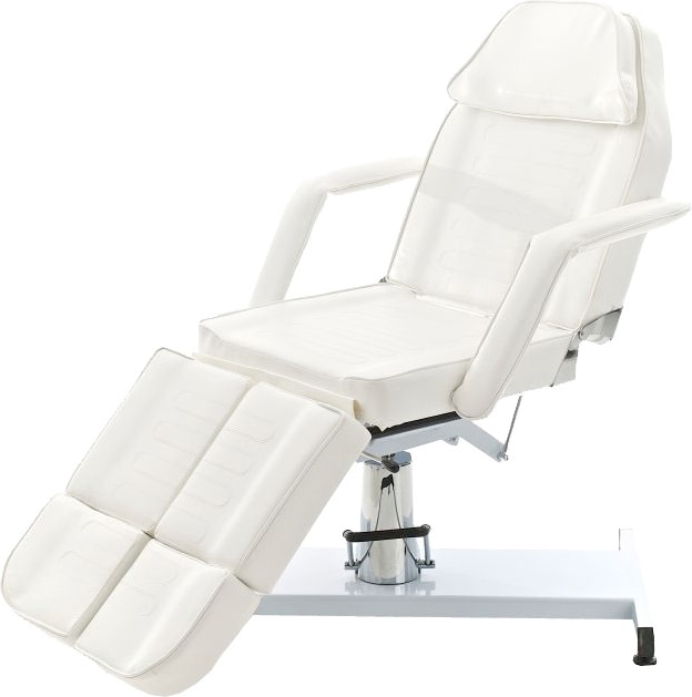 Ein weißer Massagestuhl mit verstellbarer Rückenlehne und Fußstütze.