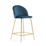thumbnail of Conjunto de 2 banquinhos de bar em veludo, pés em metal, altura do assento 65 cm, para bar, restaurante, cozinha, design elegante Sara XL/Azul/Dourado