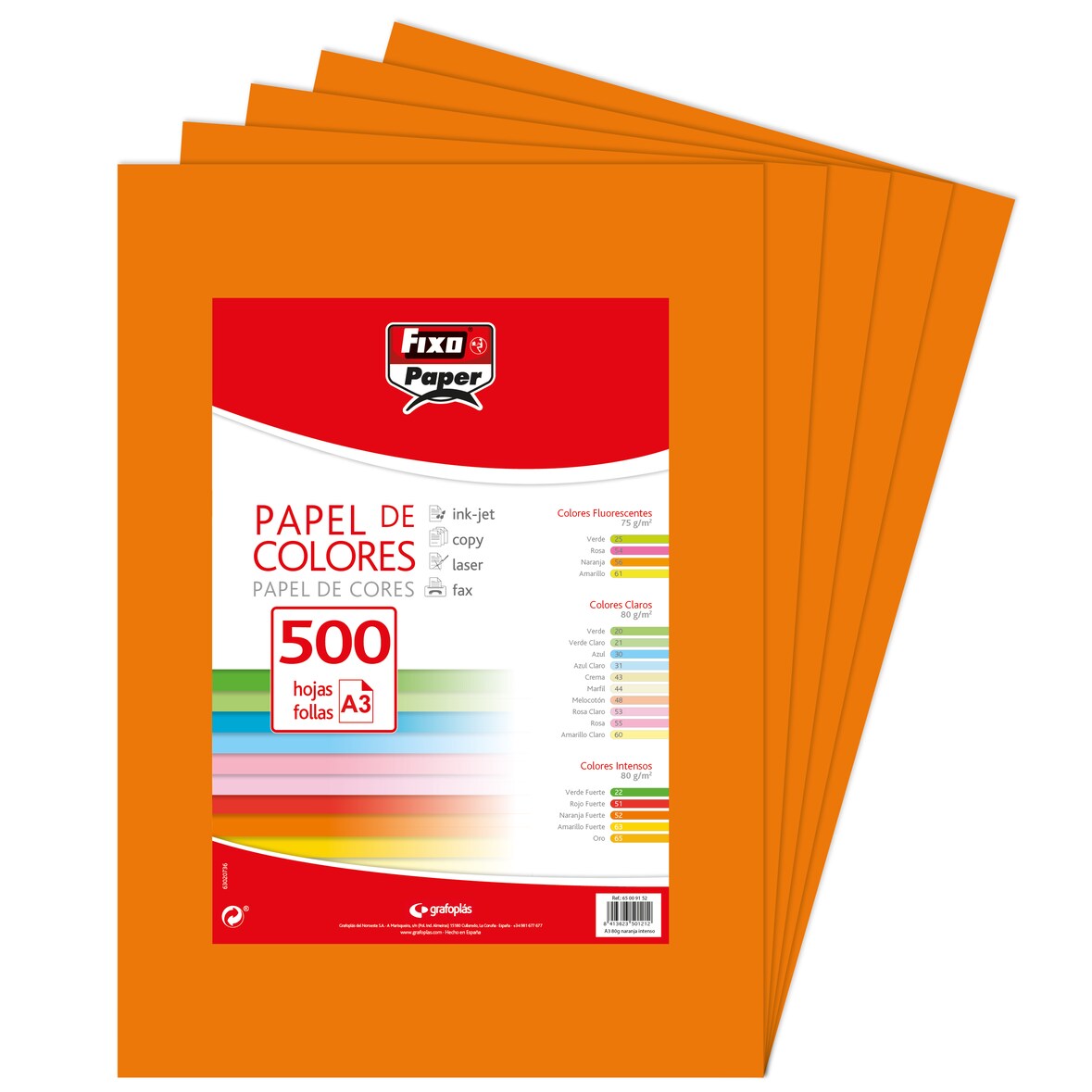 Pacote de 500 folhas Papel colorido A3 80g laranxa