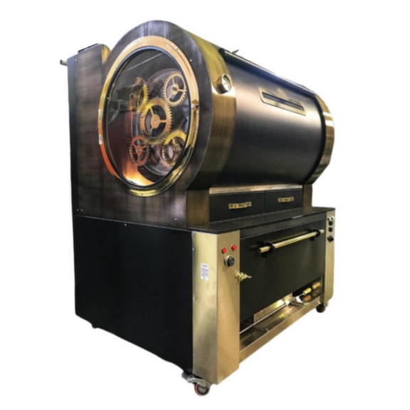 Asador de pollos al carbón de 6 astas (30 pollos) y carcasa capota, de 1500x1300x1900mm en acero inoxidable