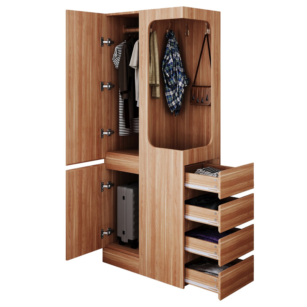 Kleiderschrank 70x40x170 cm Naturholz mit Tür und 4 Schubladen offenem Hängebereich und Fächern platzsparendes Design für Schlafzimmer Büro