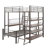 thumbnail of Hoch-Tief-Etagenbett Metallbett Loftbett mit Regalen & Ablagen, flexibles 2-in-1 Design, stabiler Lattenrost, Schwarz 140x200 cm