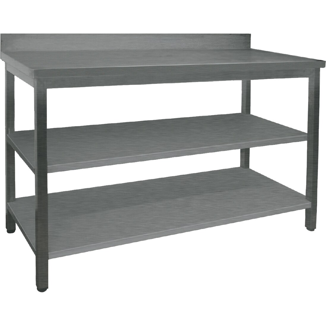 Mesa De Trabajo Industrial De Acero Inoxidable Aisi 304 Con Dos Estantes, Peto Trasero Y Patas Regulables En Altura  1200X700X1050Mm