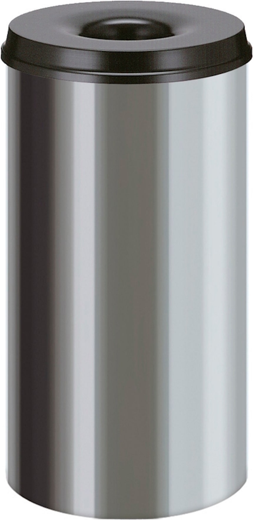 PROREGAL Selbstlöschender Papierkorb & Abfallsammler aus Edelstahl | 50 Liter, HxØ 62,5x33,5cm | Silber, Kopfteil Schwarz