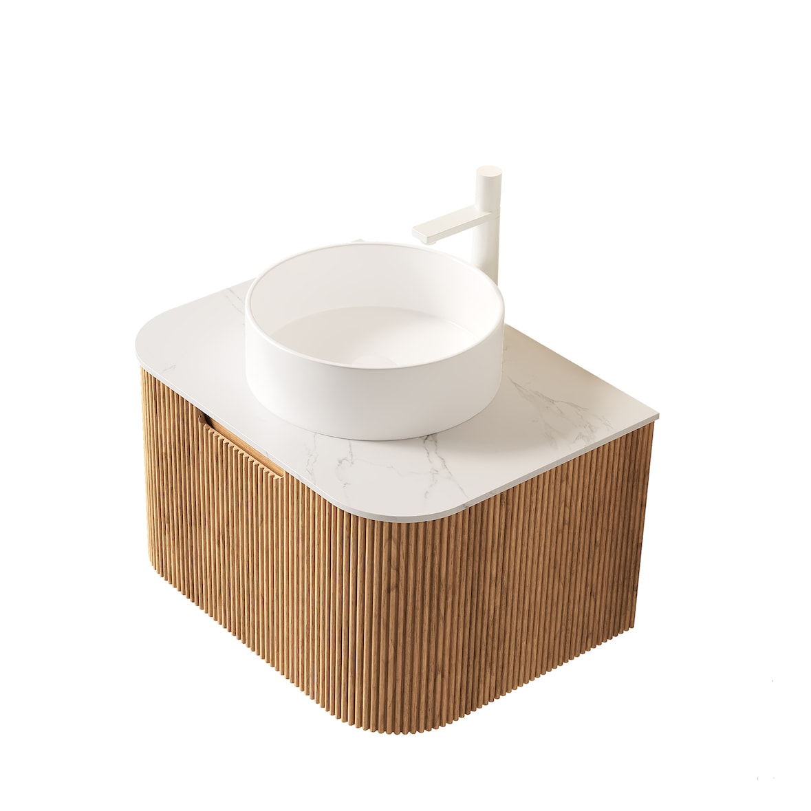 Hängender Badezimmer-Waschtisch 49×61×48 cm mit Keramik-Waschbecken und Carrara-weißer Arbeitsplatte in Naturholz-Optik, Soft-Close-Schubladen